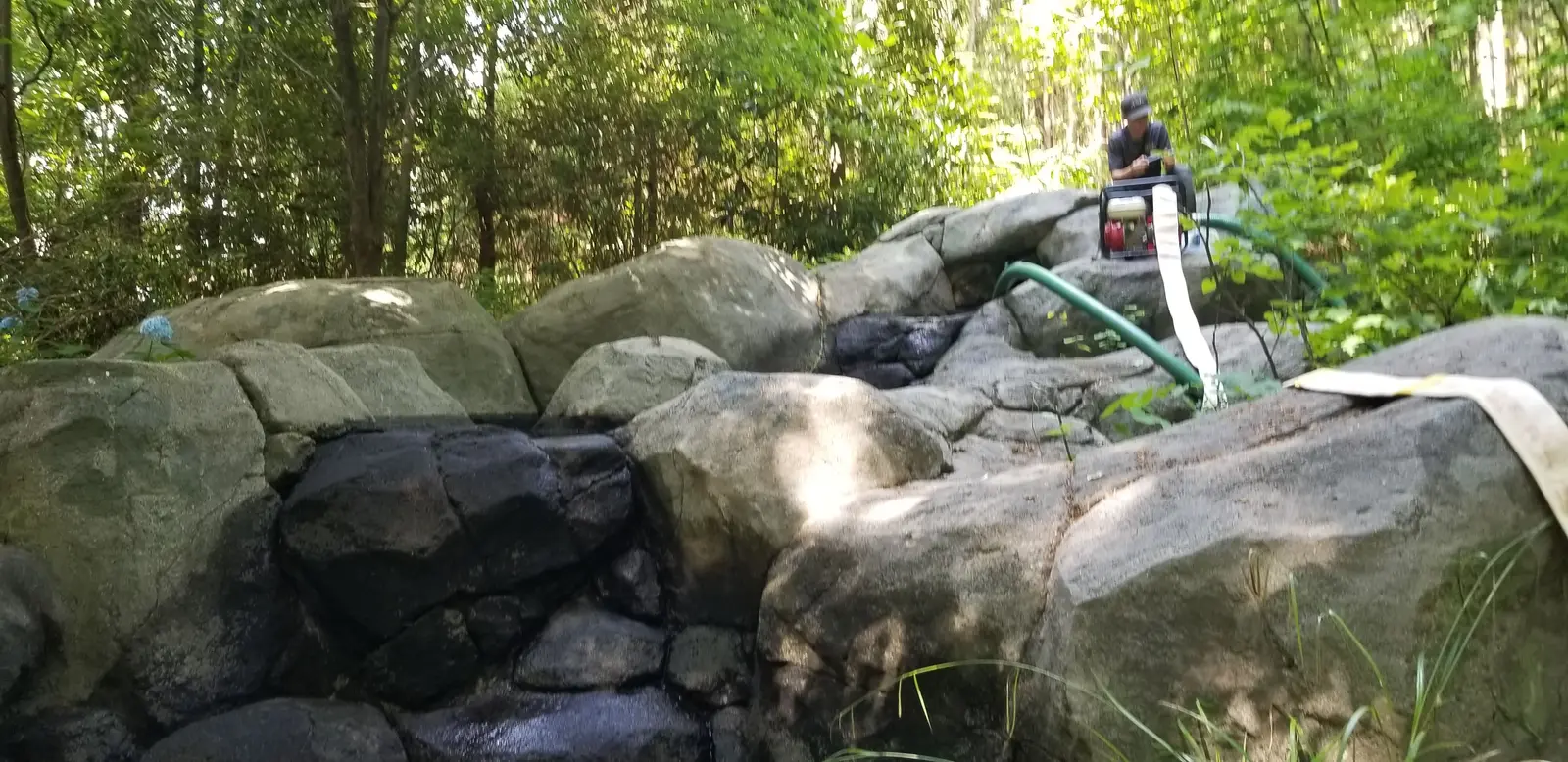 Rock waterfall before cleaning, Townpark Ravine office campus, Kennesaw, Cobb County, GA (May 31, 2019)