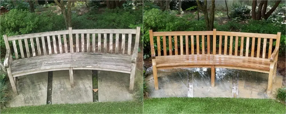 Teak garden bench before and after pressure washing, Mars Hill Acres, Acworth (Cobb County) (Oct 2018)