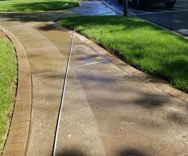 Curved concrete walk beside a wall after pressure washing (Oct 2018)