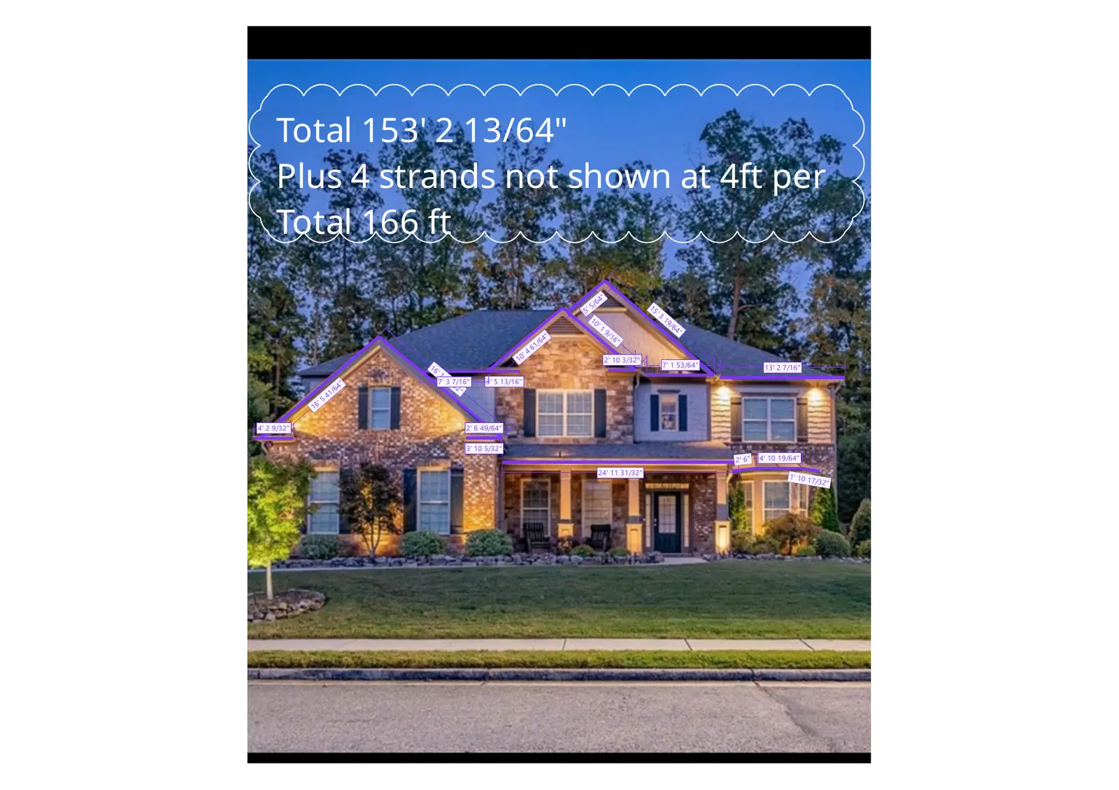 Measured holiday lighting plan, not a photo of installed lights, for a house at Brookstone Country Club, Acworth. Drawn runs total 153 feet 2 and 13/64 inches, plus four strands not shown at 4 feet each, 166 feet in all.